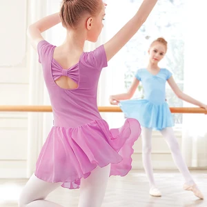 Балетное трико для девочек, розовое танцевальное боди, шифоновые юбки, балетная танцевальная одежда с бантом, Детская гимнастическая одежда, танцевальные трико