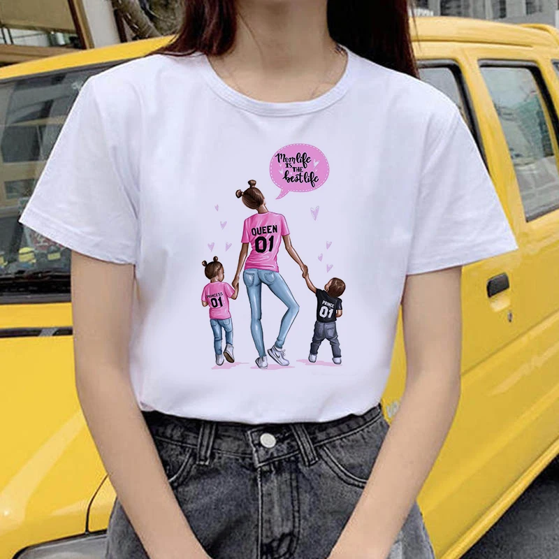 Family Sleeve Fun T-Shirt Mother and daughter  Print T-shirt Lady Casual sweet heart T-shirtSummer Harajuku Top T-shirt