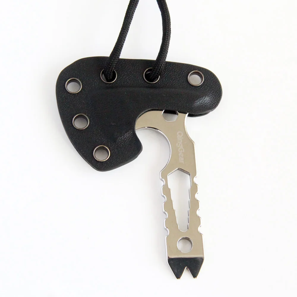 

QingGear Neck Axe Mini Multi-Tool Knife Nail Puller Mini Prybar Screwdriver Bottle Opener With Kydex/Leather Sheath