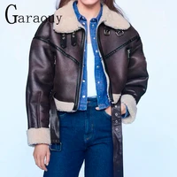 garaouy 2021 women za lamb fur faux leather jacket coat turn down collar winter thick warm oversized zipper motorcycle outerwear