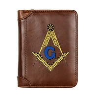 men genuine leather masonic symbol short wallet male multifunctional cowhide male purse coin pocket photo card holder