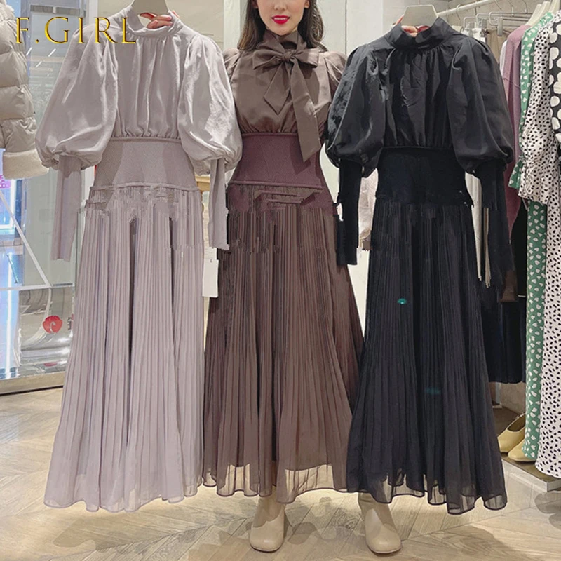

Женское трикотажное платье с воротником-стойкой, приталенное плиссированное платье составного кроя с рукавами-фонариками, Осень-зима 2021