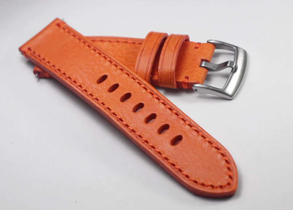

new hand-made belt orange vegetable tanned leather top layer calfskin Wristband 22mm Watch band Genuine Leather watch strap