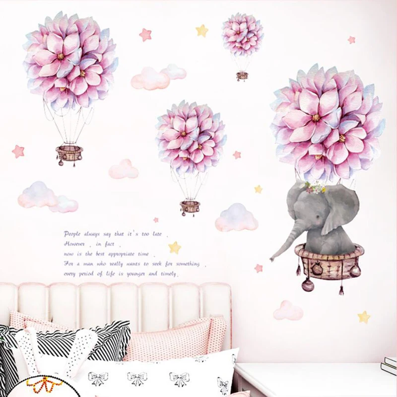 

home decoration 3d flower hot air balloon wall sticker removable cartoon elephant nursery wall decal