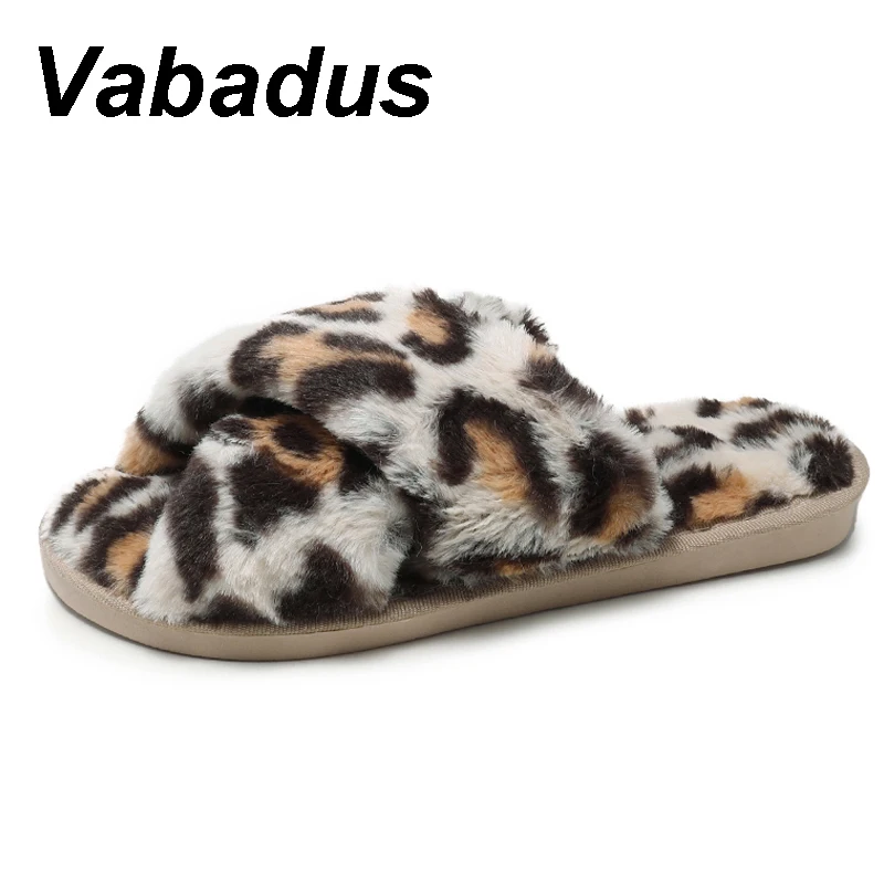 Женские меховые тапочки Vabadus милые теплые зимние домашние леопардовой расцветки