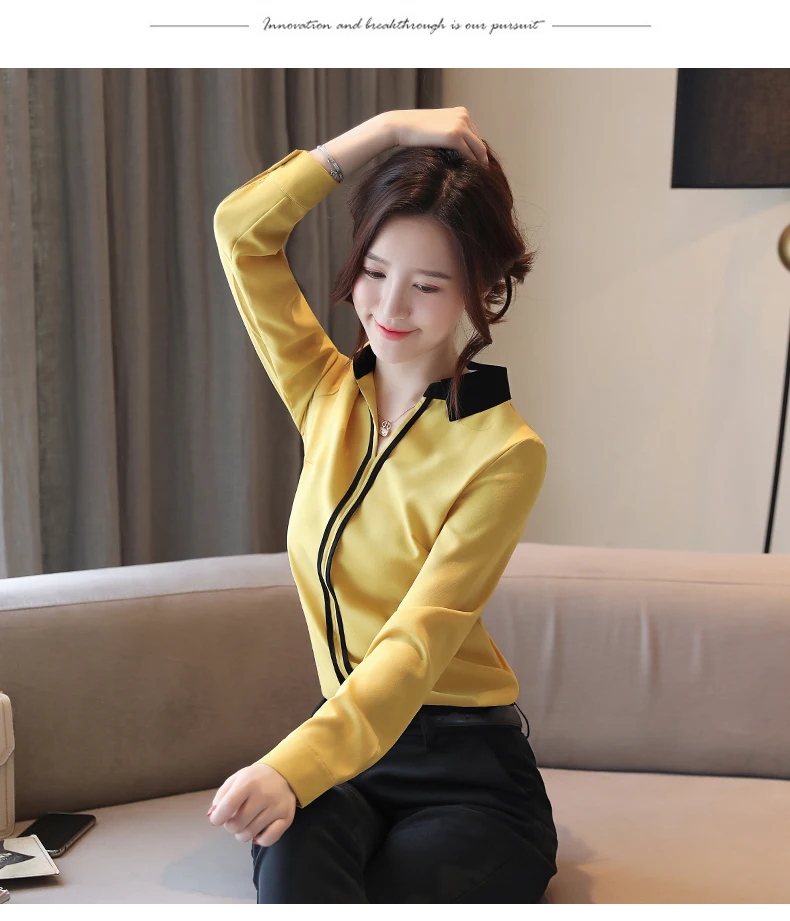 Blusas mujer de moda Женские топы и блузки женские топы для женщин рубашка с длинным рукавом Однотонная шифоновая блузка белая с v-образным вырезом 0183