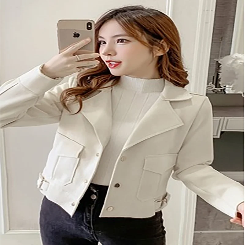 

2021 spring and autumn loose solid color all-match suit collar temperament jacket suede jacket female short