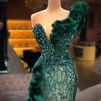 luxury evening dresses fashion design side split ruffles tulle mermaid prom dress glitter sequins beads custom made chic formal