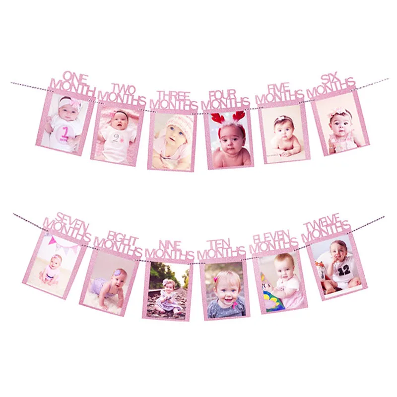 

12 Months Photo Frame Banner First Happy Birthday Decorations 1st Baby Boy Girl My 1 One Year Party Flag Supplies Blue Pink