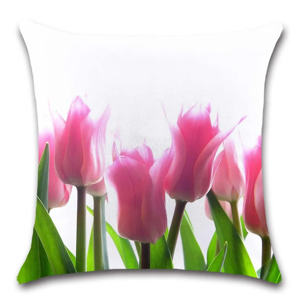 Pink Tulips flower plant pattern white Cushion Cover decorative sweet Home sofa seat friend chair kids bedroom gift pillowcase | Дом и сад