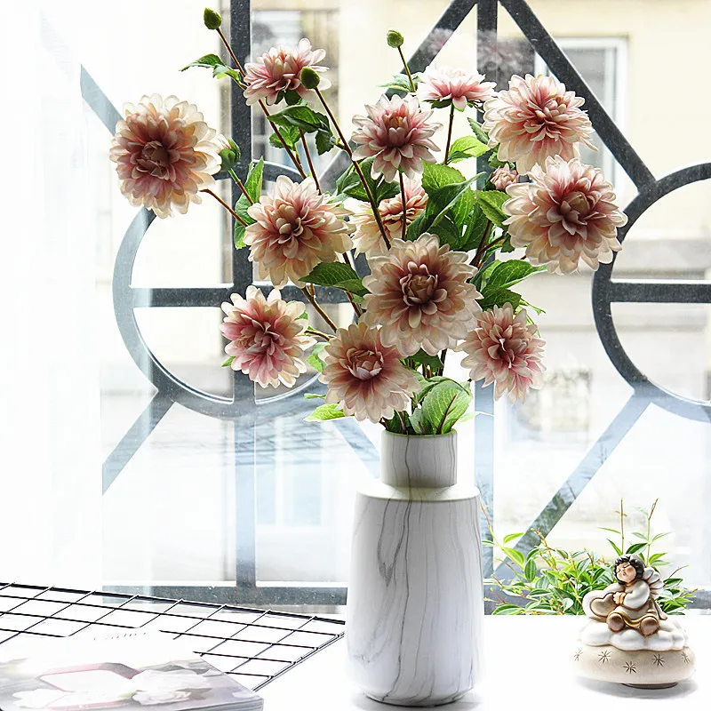 Роскошный длинный стебель Dahlia Guanyin Искусственные цветы из шелка DIY Свадебные украшения на день рождения Домашний декор для стола Флорес