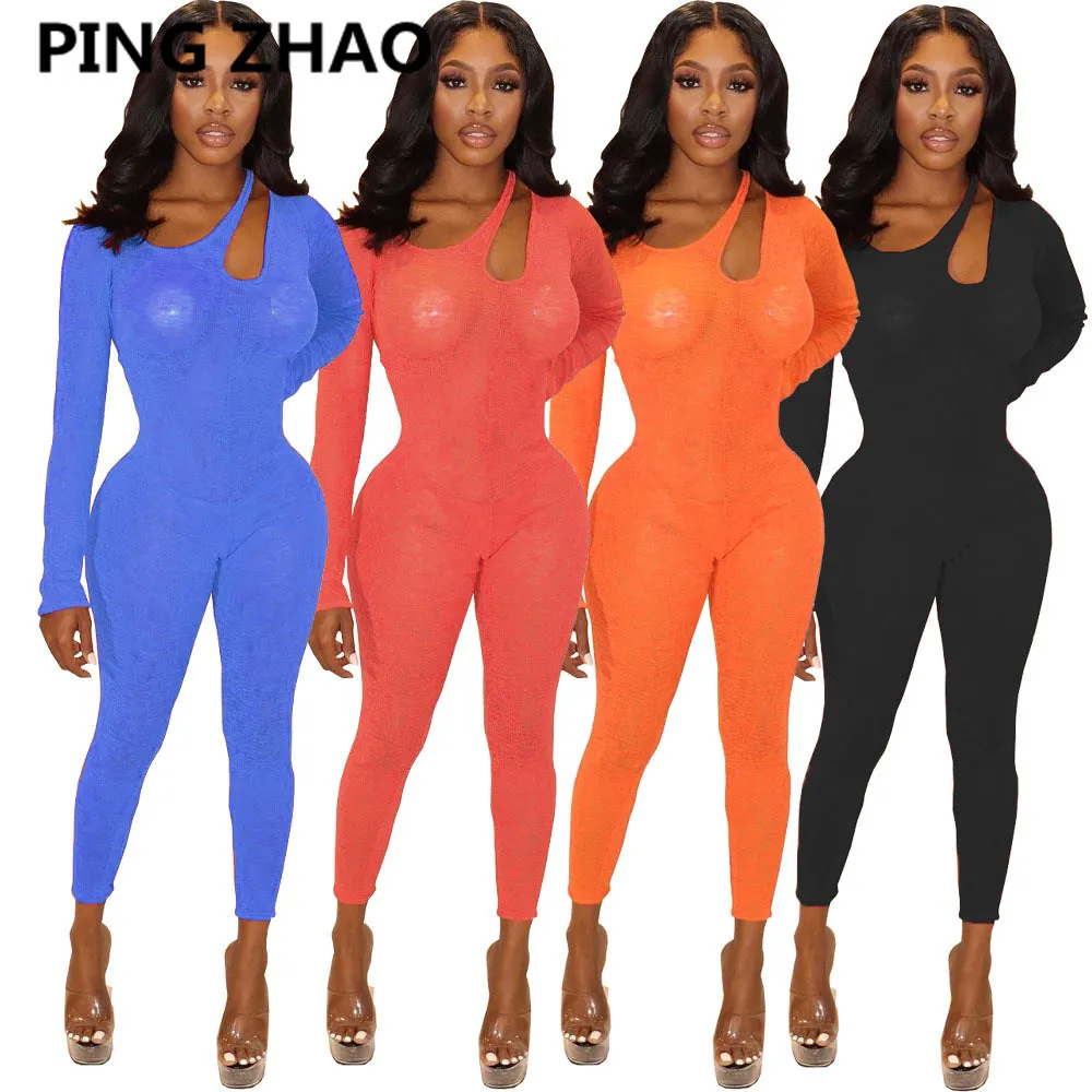 

PING ZHAO Women See Though Long Sleeve Cut Out Skew Neck Bodycon Jumpsuit Sexy Night Party Clubwear One Piece Overall Romper