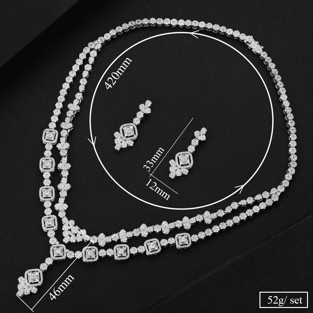 

Luxury Jewelry Set For Women Wedding 2 Layers Lariat Drop Necklace Earring Set Full Cubic Zircon Dubai Bridal jewelry Set 2020