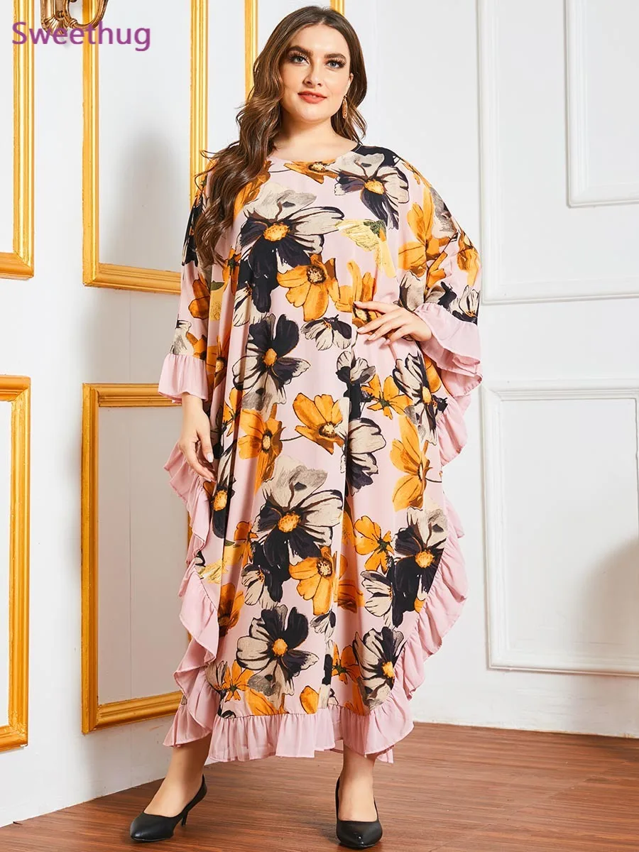 Женское длинное платье в мусульманском стиле, элегантное розовое платье большого размера с цветочным принтом и рукавами «летучая мышь» и о...