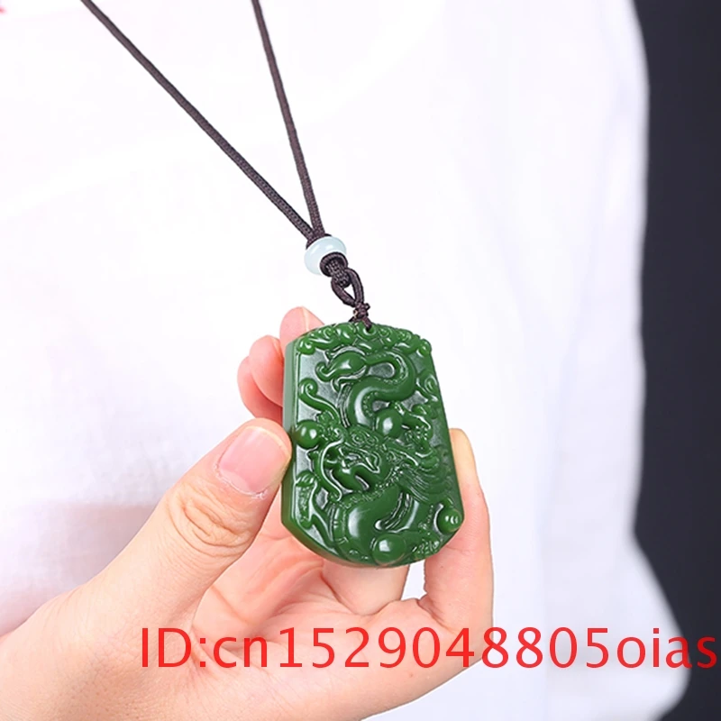 Китайский ручной резной дракон натуральный зеленый нефрит кулон ожерелье Шарм
