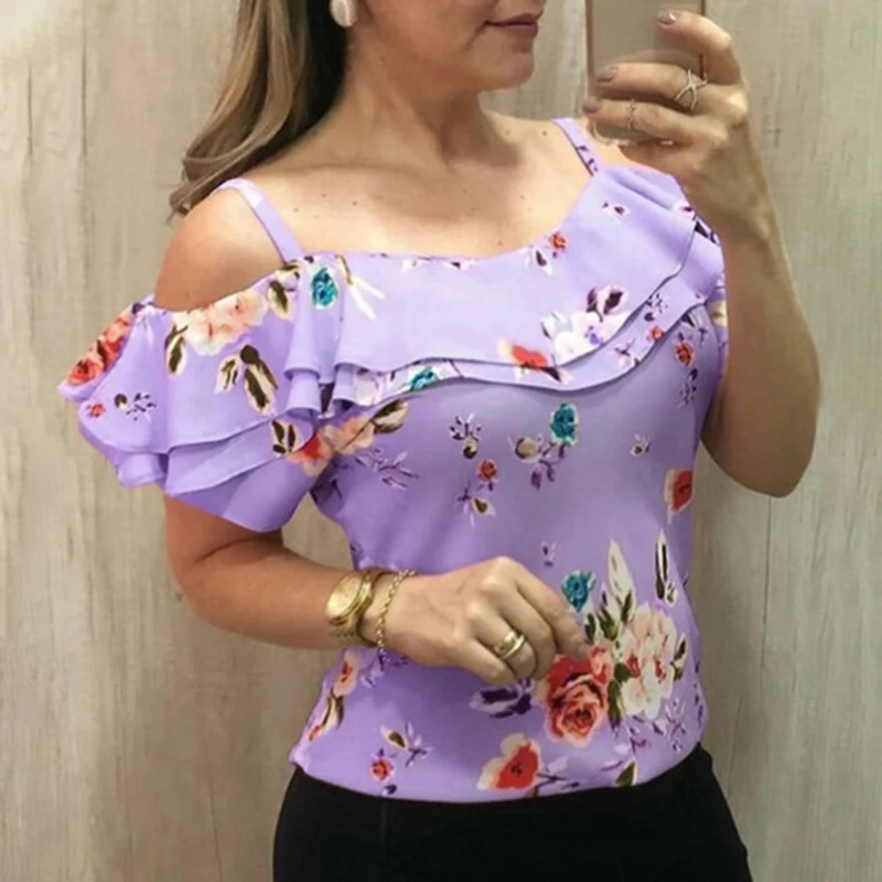 

Summer Women Elegant Casual Blouse Floral Print Off shoulder Short Sleeve Shirt Femme Top Woman Clothing Plus Size 5XL SJ2264V