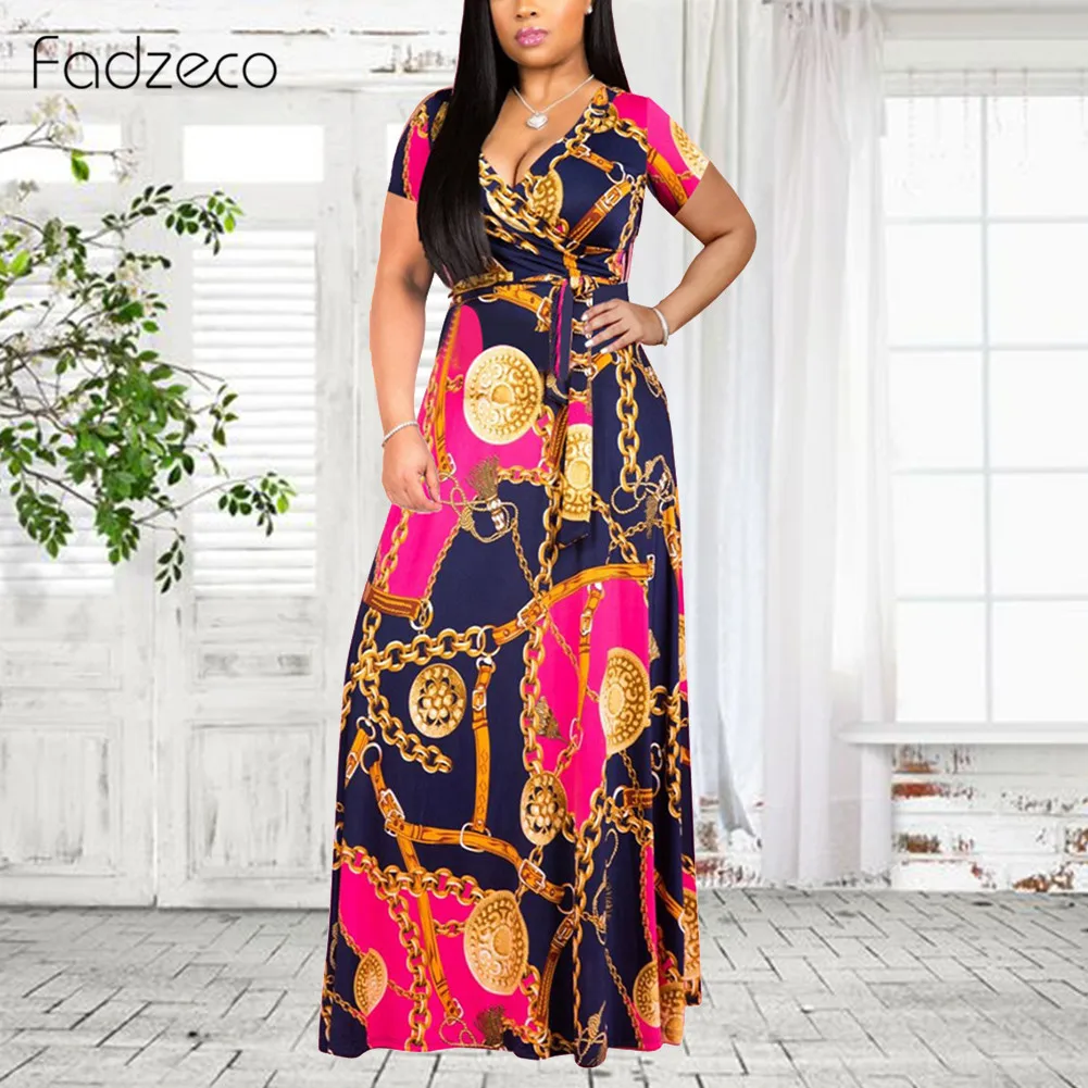 Fadzeco летние африканские платья для женщин Дашики с принтом цепей сексуальное