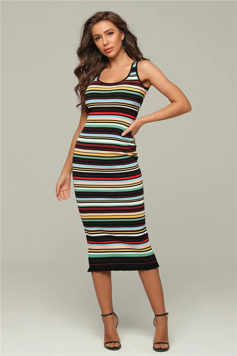 

2020 New Jacquard Stripe Fashion Sleeveless Summer Midi Calf Women Dress Bandage Night Party Dress