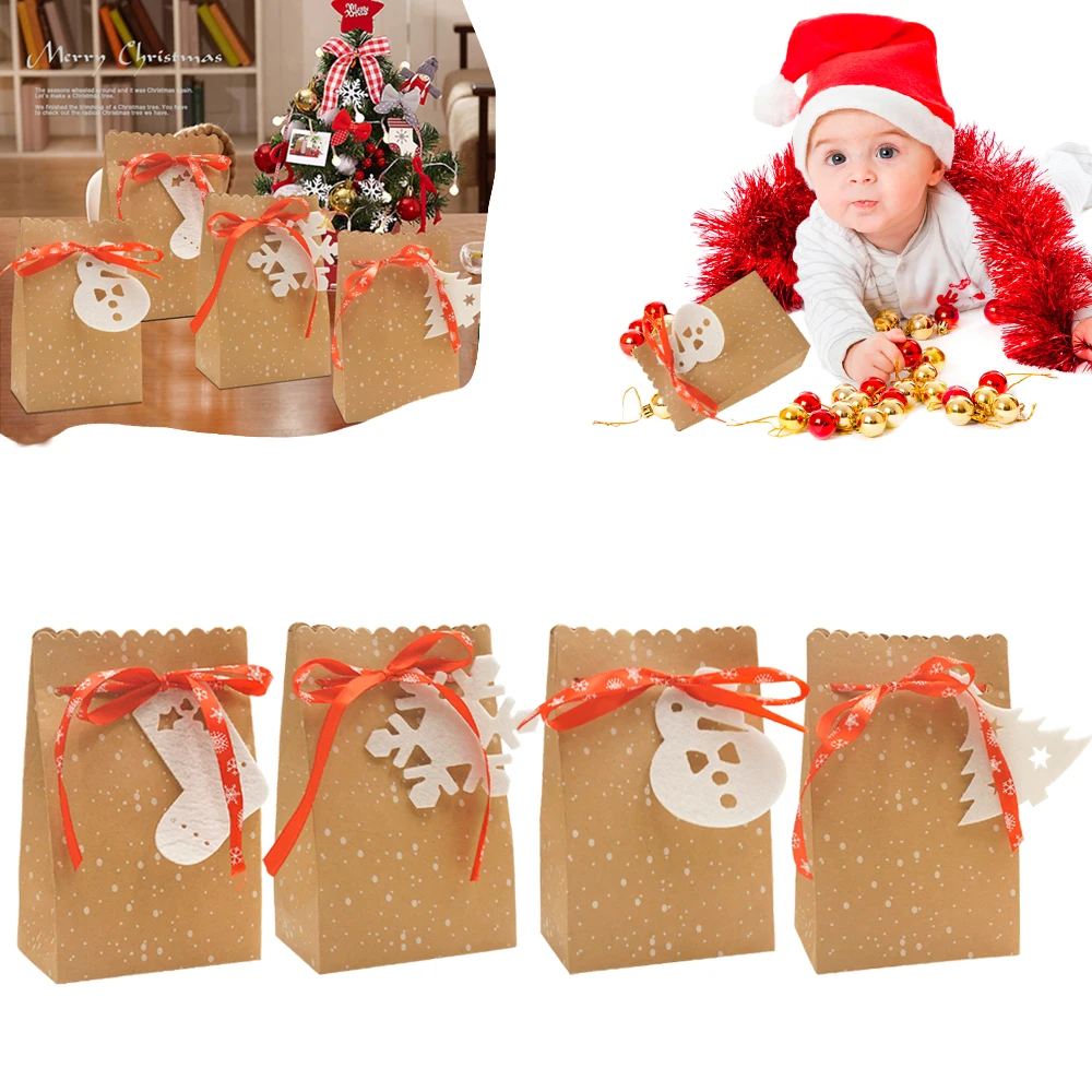 

Рождественский Подарочный пакет из крафт-бумаги с наклейкой в виде Деда Мороза оленя мешочек для конфет и печенья посылка для еды Рождестве...