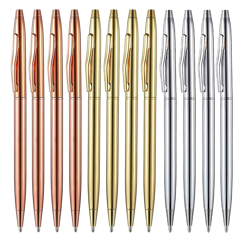 

12 Pieces Slim Metallic Ballpoint Ink Metal Pens Mini Conical Ballpoint Pens for Business Students Teachers Wedding