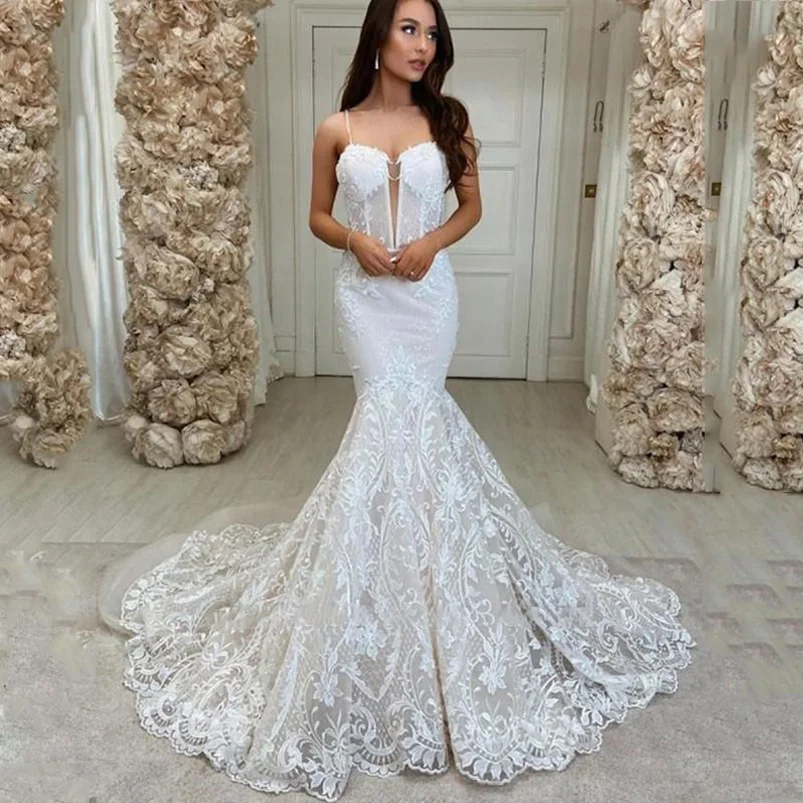 

Deep V Neck Lace Mermaid Wedding Dresses Bridal Gowns Court Train Backless Plus Size Bride