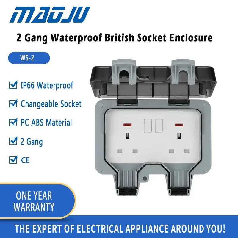 

IP66 2 Gang Waterproof Socket Enclosure British UK Type Socket Changeable 220V 16A Outdoor Power Outlet Weatherproof Box