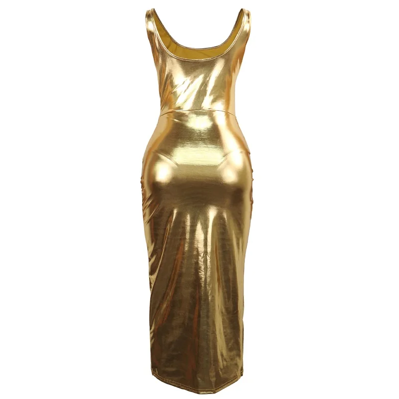 Женское золотистое металлическое сексуальное облегающее платье с разрезом и
