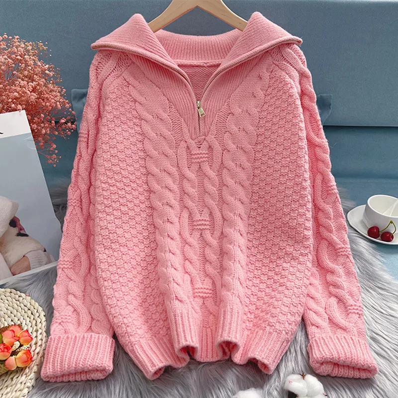 

Lapel Zipper 2021 New Pink Autumn And Winter Loose Outer Wear Lazy Wind Early Spring Pullover Turtleneck Sweater Women