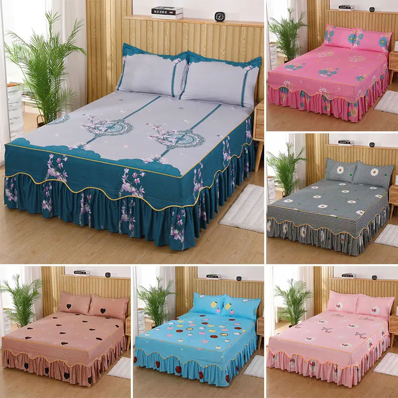 

3PCS printed polyester sanded bed skirt kit printed bed skirt comfortable texture bedding pillowcase (pillow core not included)