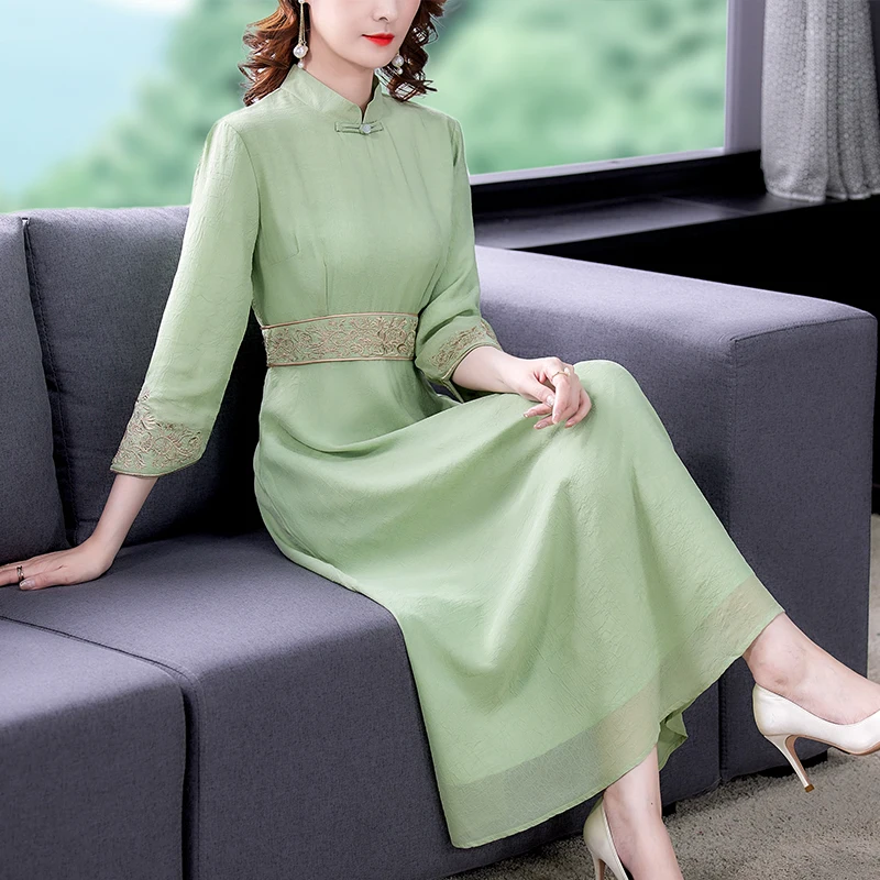 

Женское длинное платье, офисное платье Чонсам с коротким рукавом и воротником-стойкой, однотонное оранжевое или зеленое платье в стиле пэчв...