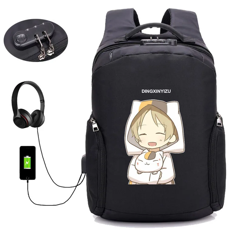 

Anti-theft USB charging backpack Japan anime Natsume Yuujinchou backpack men women Laptop backpack Waterproof student book Bag