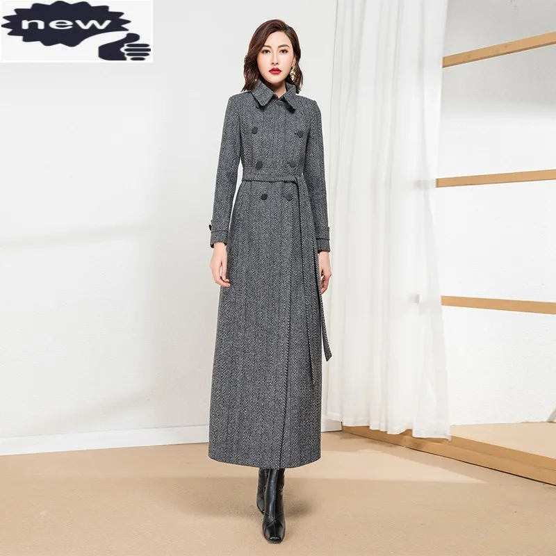 

Пальто женское Шерстяное, в полоску, с карманами, двубортное