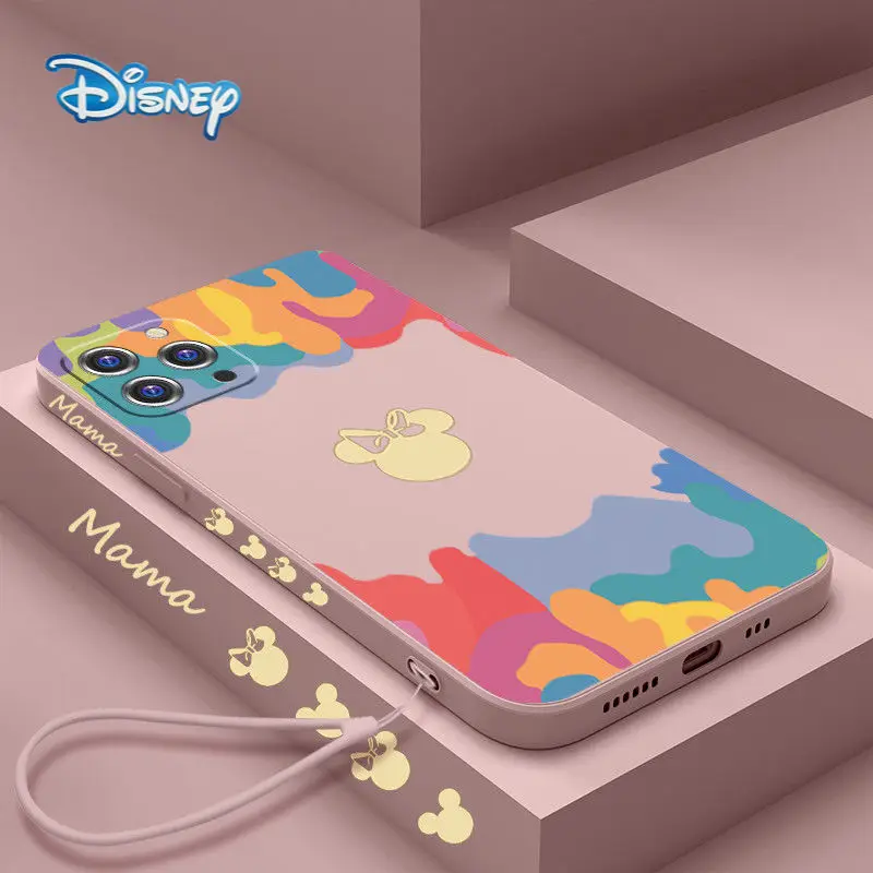 

Disney Mickey Minnie Cartoon Mobile Phone Case with Lanyard for iPhone 13 12 11 Pro Max Mini XR XS 7 8 Plus Cute Back Covers