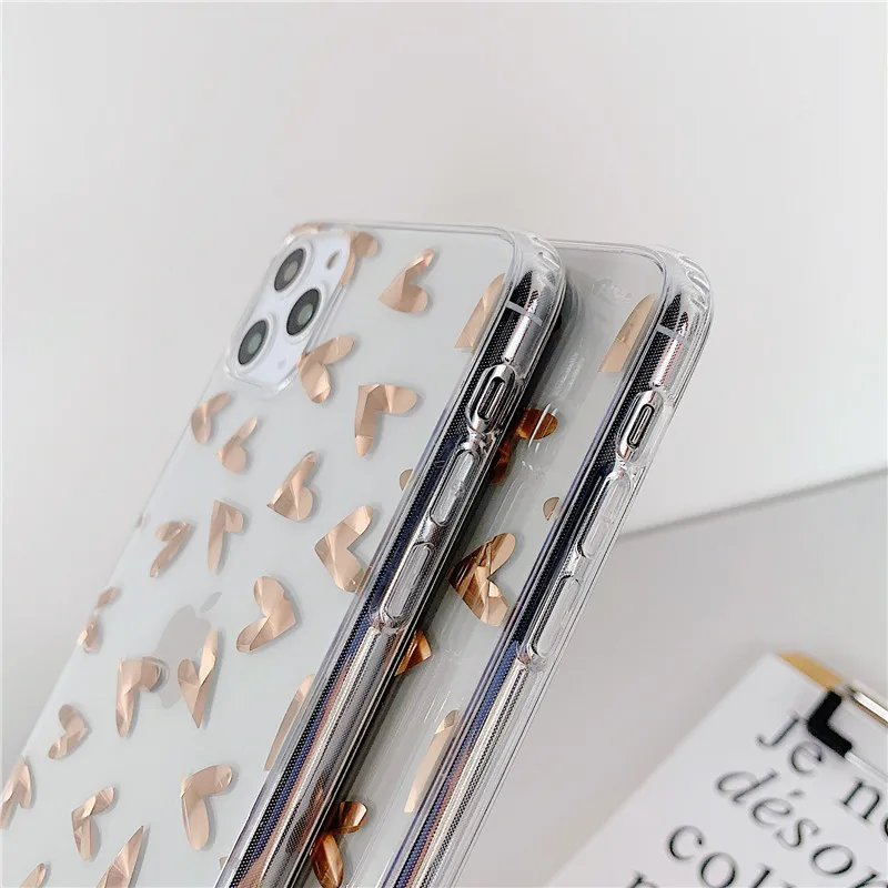 Прозрачный чехол с золотым покрытием и сердечком для iPhone 11 Pro Max XR X XS 7 8 Plus 6 S задняя