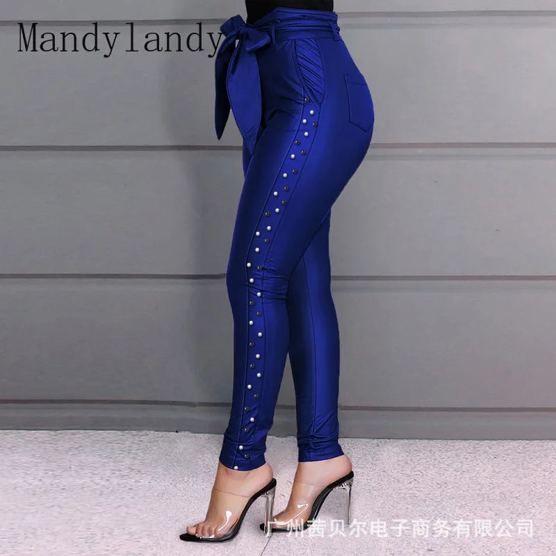 

Mandylandy Trousers Autumn Fashion Lace-up High Waist Solid Color Pencil Pants Women's Casual Embroidered Flares Slim Trousers