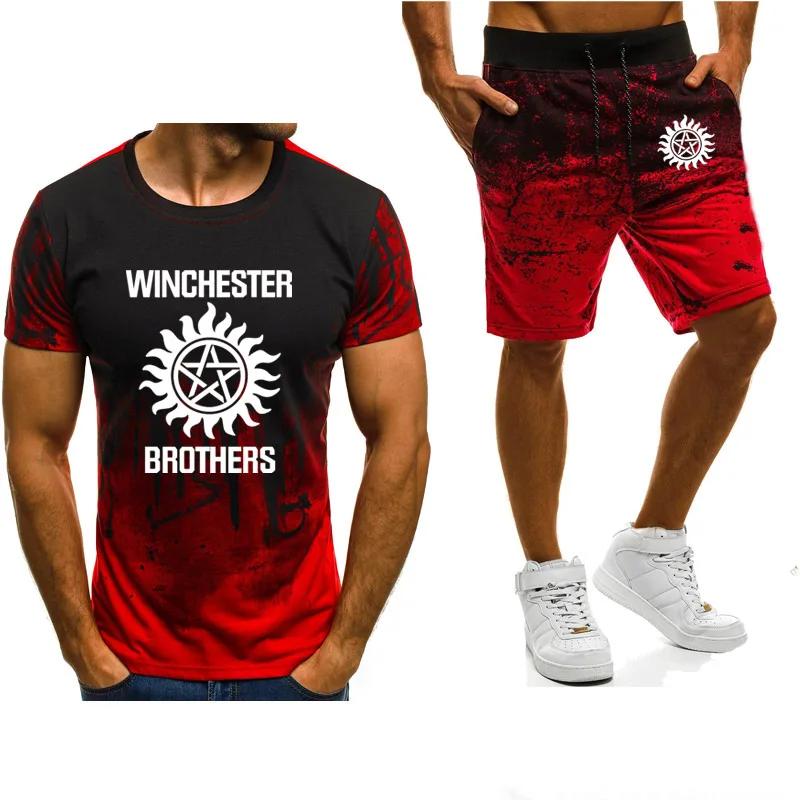 

NEW summer short sleeve Supernatural Men Winchester Bros Printed ashion Casual Gradient High Quality Men T-Shirt Pants Suit 2Pcs