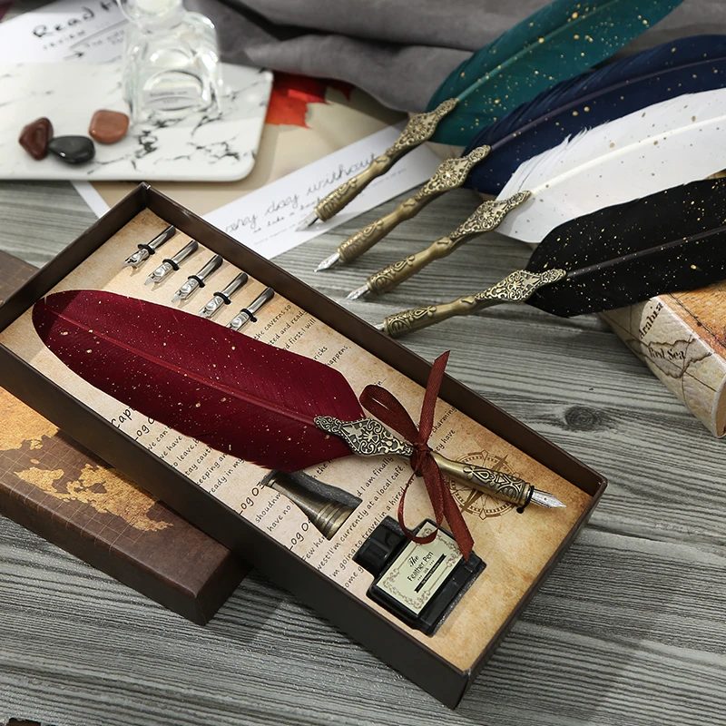 

Calligraphy feather pen set retro gift ink pen dipped in water metal pen set birthday gift box