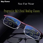 Прогрессивные многофокальные очки для чтения с полуободковой оправой, металлические очки для дальнозоркости с защитой от сисветильник, квадратные мужские очки с диоптриями + 4