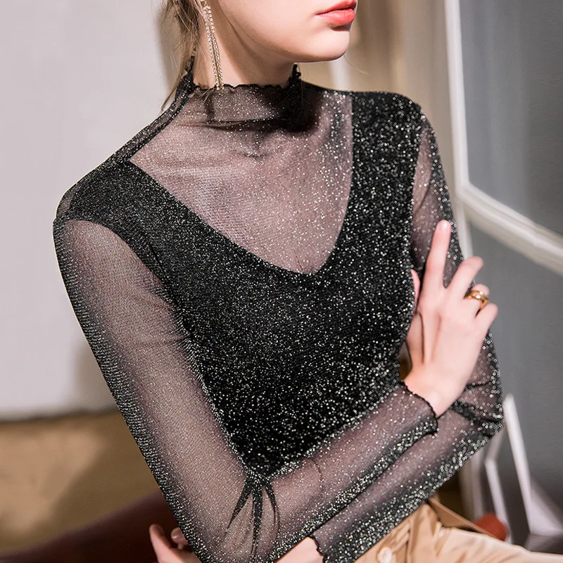 

Half high collar net bottom top with Auricularia auricula for women in autumn and winter