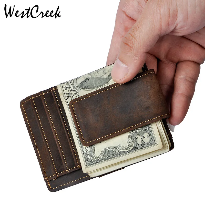 Мужской Магнитный кошелек westкрик из натуральной кожи с зажимом для денег