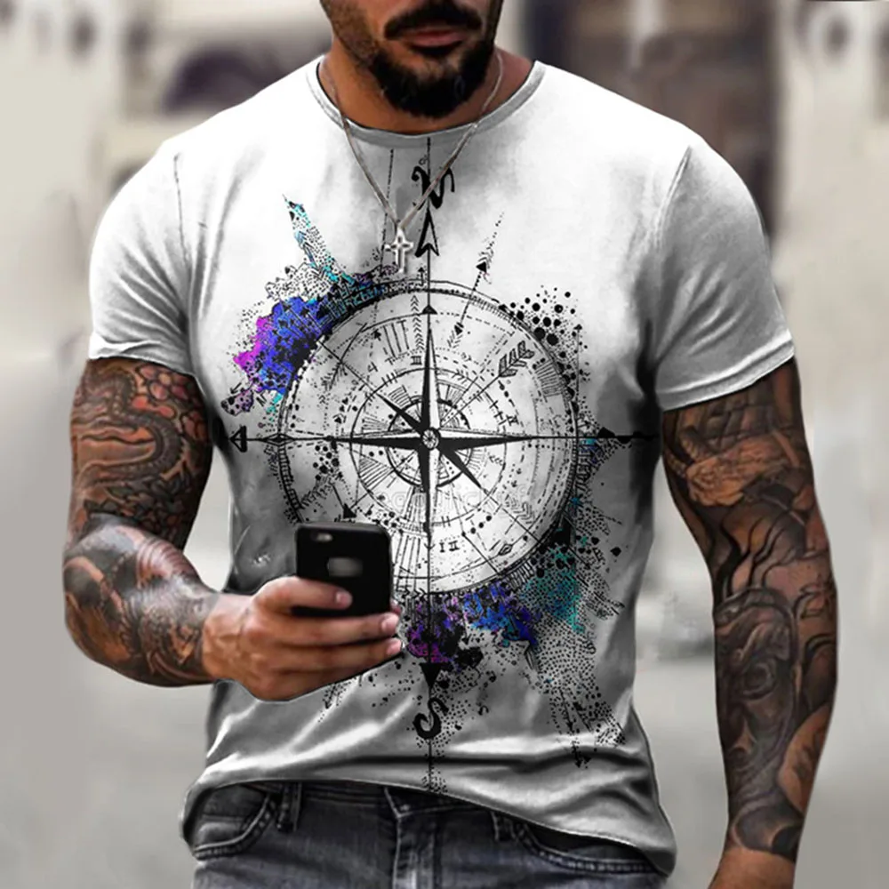 

Western Style T-shirt Loose Casual 2021 Summer Fashion Designer Creative Retro Solid Color Printing Compass Round Neck Summer