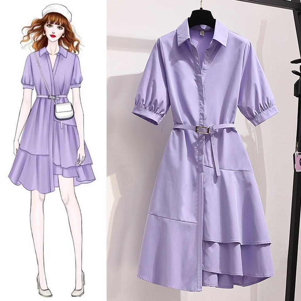 

EHQAXIN Summer Women's Shirt Dress 2021 Fashion New Style Lapel Buttons Irregular Ruffle French A-Line Dresses With Belt M-4XL