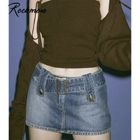 rockmore womens jeans skirt belt mini denim skirt korean low waist straight short skirt summer harajuku sexy vintage 2021