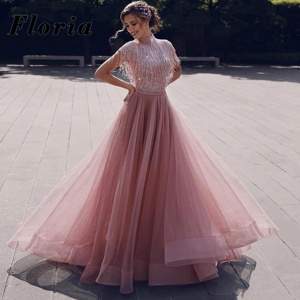 

Elegant Pink Tassel Evening Dress Custom Long Women Party Dresses Middle East Prom Gowns African Evening Wear Dress 2020 Vestido