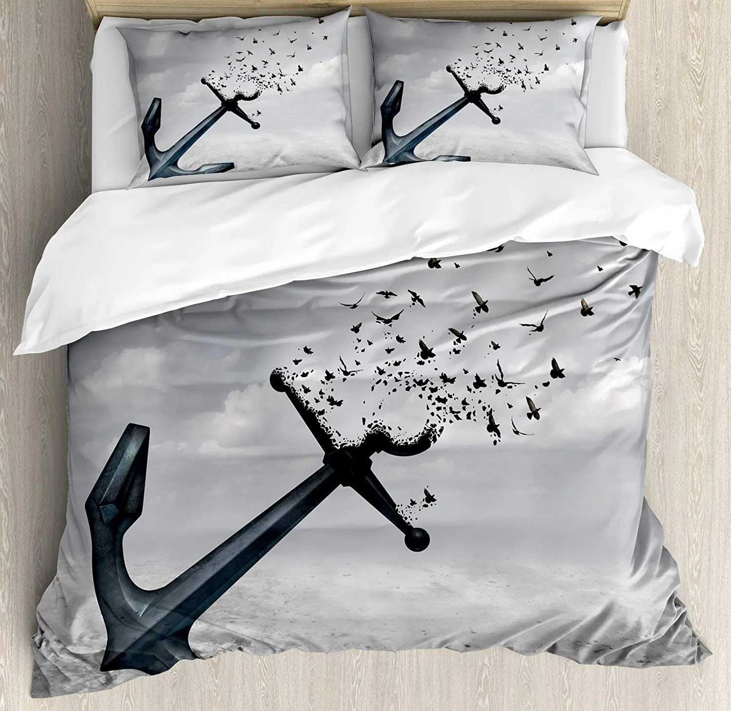 

Birds Bedding Set Anchor Turns into Group of Flying Birds Seagulls for Liberty and Hope Mood Graphic Art Duvet Cover Bed Set
