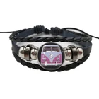 Новый кожаный браслет в стиле ретро хиппи с надписью мир фургон автобус Модные мужские и женские ювелирные изделия Кабошон стеклянный черный браслет