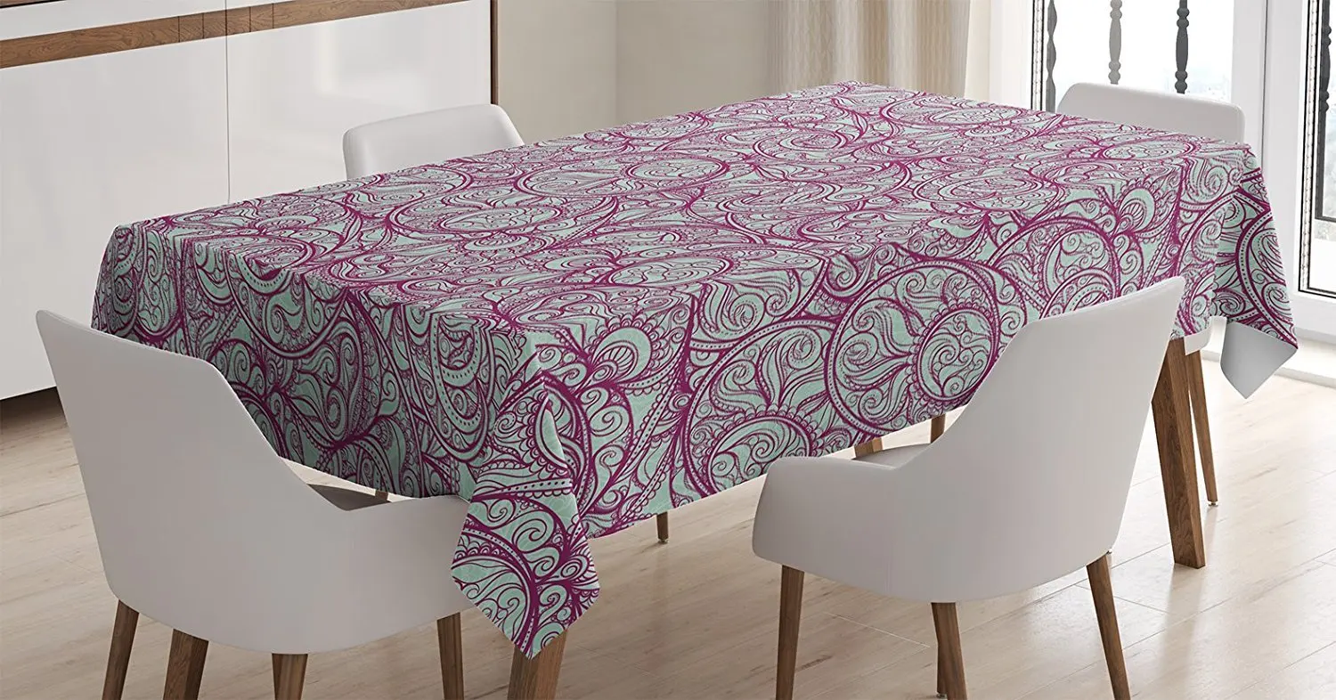 Purple Tablecloth Bohemian Style Paisley Leaf with Curly Petal Veins Retro Effect Mandala Plant Dining Room Kitchen Table Cover | Дом и сад