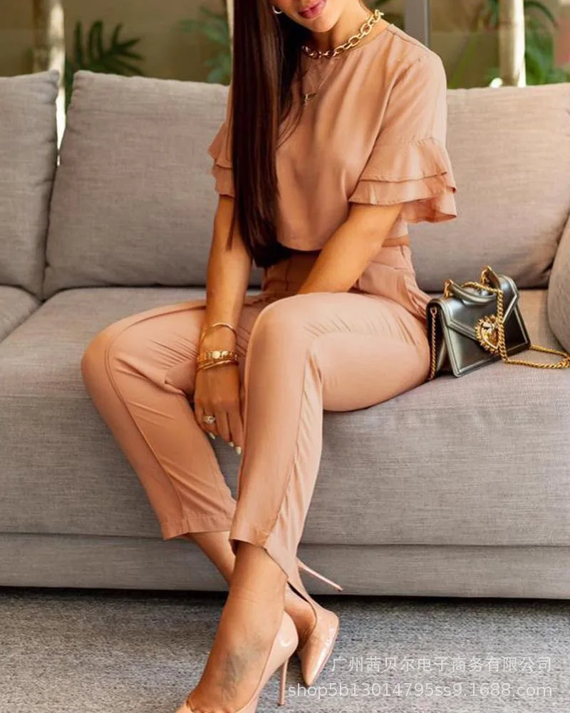

WEPBEL Women Elegant Outfits Ladies Summer Short Sleeve Crop Top + Drawstring Waist Long Pants Two Piece Set Tracksuit
