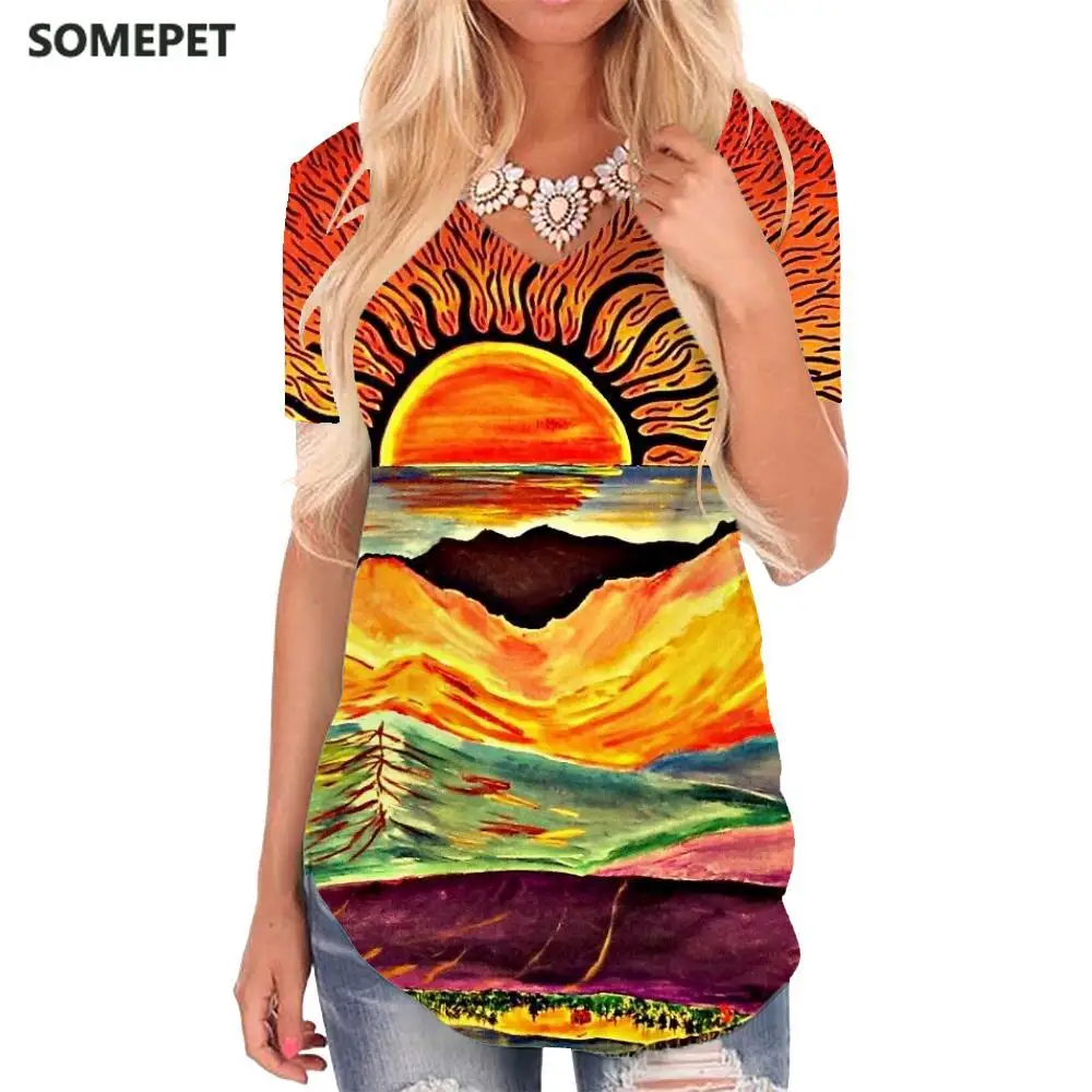 

SOMEPET Graffiti T Shirt Women Painting Tshirts Printed Abstract V-neck Tshirt Colorful Funny T shirts Womens Clothing Fashion
