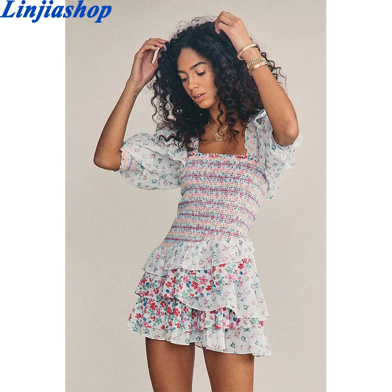

Романтичное женское платье Linjiashop с цветочным принтом, женское сексуальное мини-платье с квадратным вырезом и пышными рукавами на весну и ле...